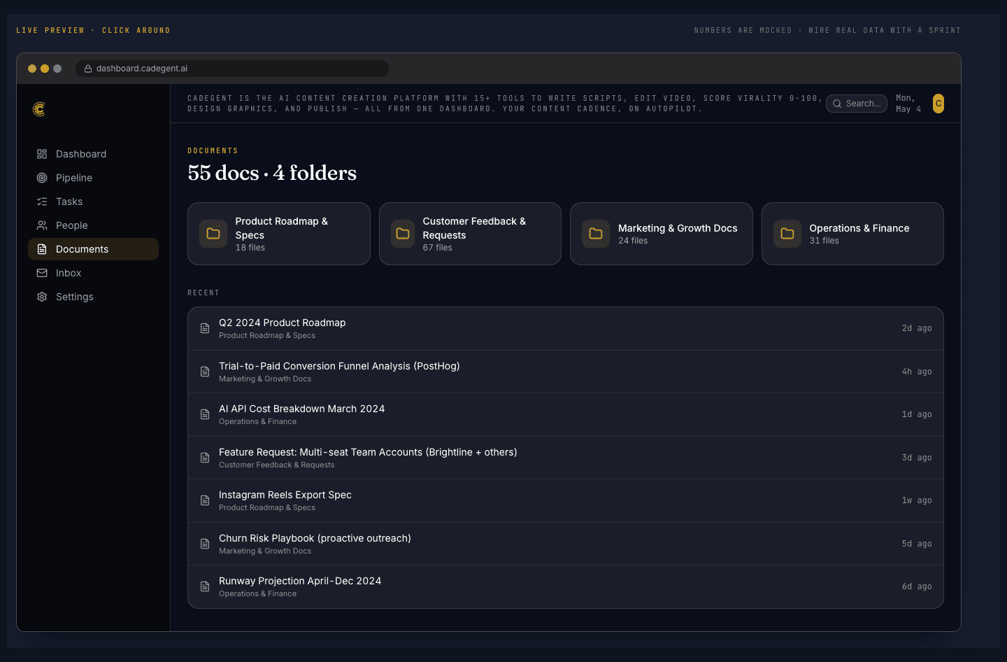 Documents view, folders and recent files
