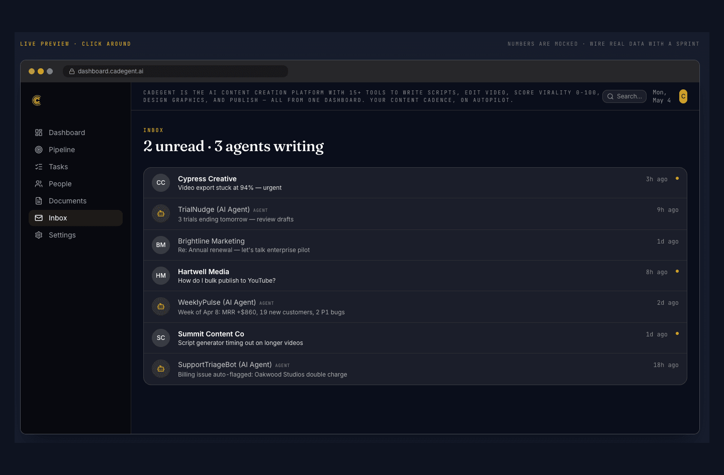 Inbox view, unified messages from customers and AI agents