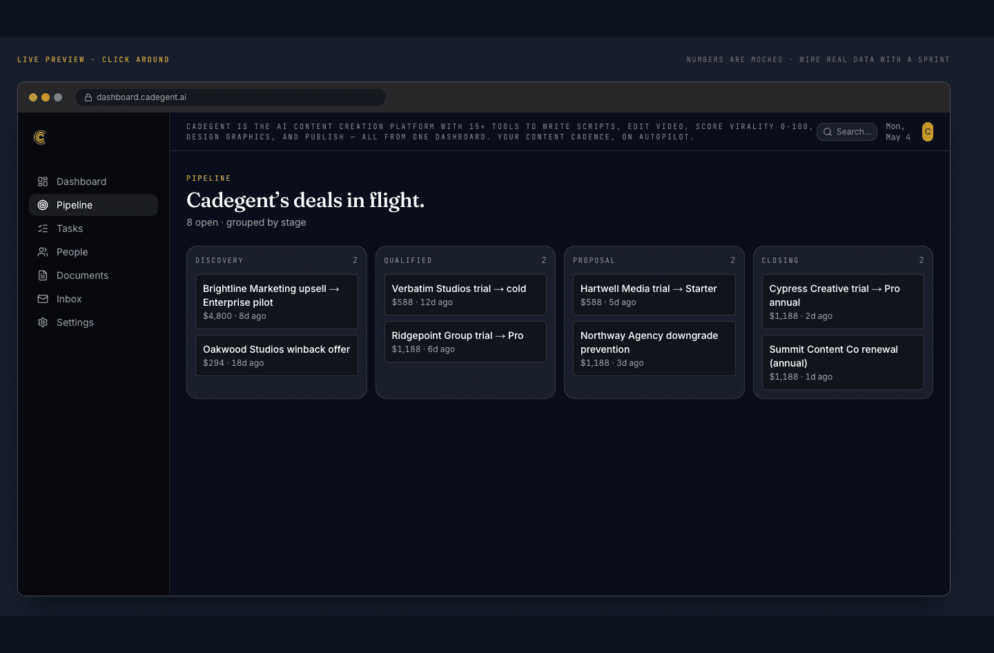 Pipeline view, deals grouped by stage