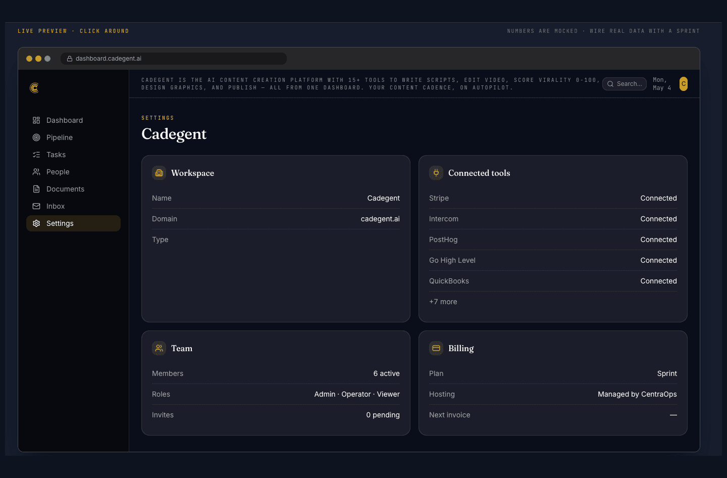 Settings view, workspace, connected tools, team, billing
